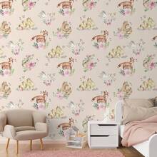 Pink Watercolor Wallpaper With Animals And Flowers | Romantic And Soft Decor For Baby Girl's Room - 彩色 - 查看 2