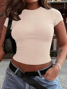 Vaiaye Women's Casual Solid Color Short Sleeve Christmas T-Shirt - Apricot - View 11