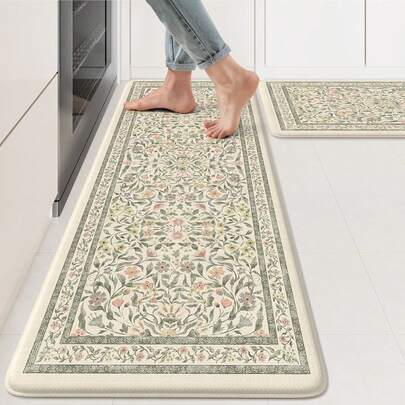 KIMODE Anti Fatigue Kitchen Mats Floor, Boho Floral Kitchen Rugs, Cushioned Kitchen Floor Mats Non Slip, Comfort Rugs Kitchen Floor Sink Laundry Desk Beige 17.3x29+17.3x47 FD9B
