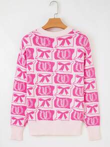 Pull avec imprimé nœud et fer à cheval, vêtements d'hiver pour femmes - Rose bonbon - Voir 2