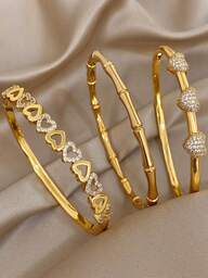 18K Gold Plated Stainless Steel Or Copper Luxury Elegant Heart & Bamboo Bangle Bracelet Set For Women, Sweet Jewelry Mom Gift Christmas Thanksgiving Halloween Wedding Rave/Prom/Party/Daily Accessories Gift For Anniversary Valentine's Day Boho Jewelry Birthday Bridesmaid Gifts