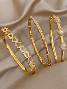 18K 镀金不锈钢或铜质奢华优雅心形和竹子手镯套装，适合女士，甜美珠宝妈妈礼物圣诞节感恩节万圣节婚礼狂欢/舞会/派对/日常配饰周年纪念情人节波西米亚珠宝生日伴娘礼物 - 彩色 - 查看 9