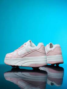 1 Pair Kids Boys Girls Plaid Stripes PU Lace-Up Design TPR Thick Sole Round Toe Low-Top Roller Skates Inline Skates Cute Children Shoes Suitable For Indoor And Outdoor Wear, All Seasons - Baby Pink - View 3