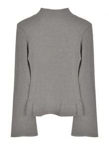 时尚纯色立领侧开衩T恤，秋季 - 灰色 - 查看 2