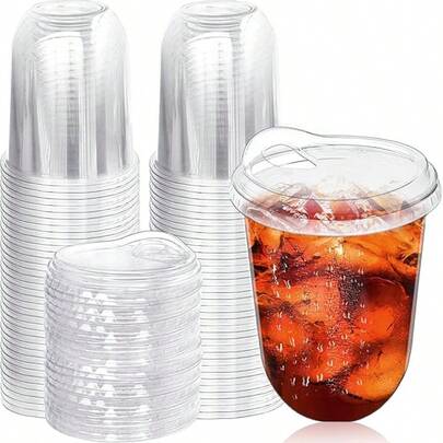 20Pack 16 Oz Iced Coffee Cups With Lids,Clear Plastic Cups With Strawless Sip Lids,Round Bottom To Go Cup For Iced Coffee Juice Smoothie Cold Beverage