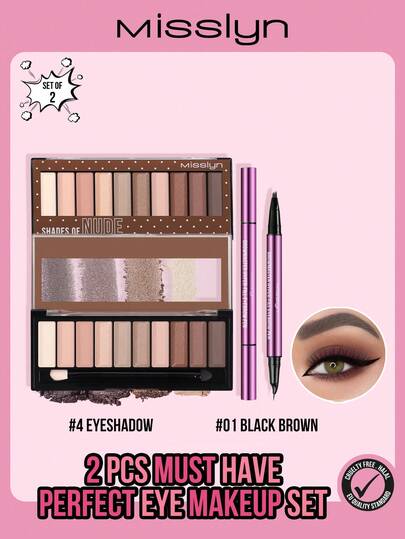  MISSLYN - 2件套必备眼妆套装，包含必备眼影色号，高显色度哑光和珠光质地，持久不晕染粉状质地，自然色调，鲜艳色彩，丝绒妆效；BrowMaster眉笔，双头设计，持久显色，深棕色/黑色，防水防汗，防晕染