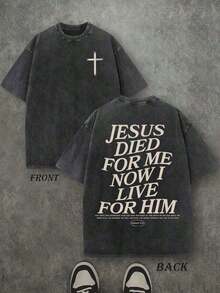 Retro-Washed T-Shirt, Double-Sided Printed (230 G/M² Pure Cotton), With The Message "JESUS DIED FOR ME NOW I LIVE FOR HIM," Christian Gift, Men's T-Shirt, Casual, Comfortable, Fashionable T-Shirt, Street-Style Cotton – Unisex Plus Size Top. - 黑色 - 查看 8
