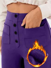 Women's High Waist Casual Sports Solid Color Button Pockets Straight Leg Pants - Purple - View 5