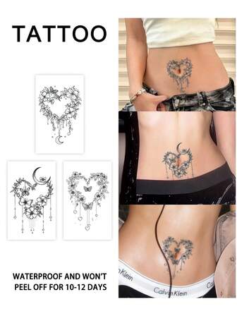 3Pcs Fake Tattoo Temporary Tattoos Semi Permanent Tattoo Heart Floral Couple's Sexy Game Y2K Waterproof Sweatproof Last For 1-2 Weeks Realistic Herbal Juice Anti-Friction Non-Reflective Black For Woman And Men Tattoo Stickers For Arm, Chest, Leg, Abdomen, Waist, Finger, Neck, Spine, Modernist Body Art