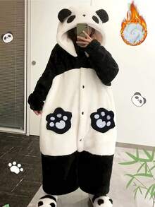 1 Pc Cute Panda Hooded Coral Fleece Jumpsuit For Women, Cozy Winter New Home Wear, Soft & Warm, Long Sleeve Bodysuit With Panda Design, Perfect For Spring & Winter, Warm Cartoon Panda Ears Hooded Sleepwear, Sweet Home Clothes Pyjamas, Suitable For New Year, Valentine's Day, Valentine's Day Gift, Gift For Women