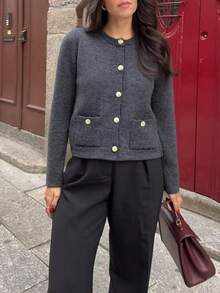 Seelio 秋冬極簡百搭新款金鈕扣裝飾針織開襟衫 - 灰色 - 查看 3
