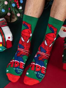 Marvel 2双装圣诞蜘蛛侠超级英雄新年礼物袜子，卡通圣诞老人帽新年动漫男士袜子，趣味角色英雄袜子，漫威袜子 - 彩色 - 查看 2