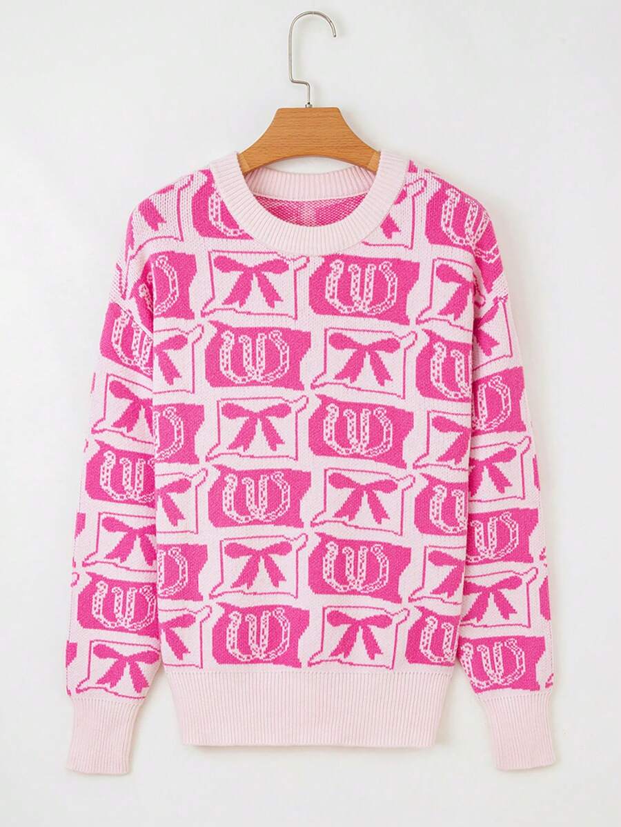 Pull avec imprimé nœud et fer à cheval, vêtements d'hiver pour femmes - Rose bonbon - Voir 1