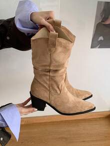 Vintage Pointed Toe High Heel Women's Boots, Chunky Heel Boots, New Mid-Calf Boots For Autumn/Winter, Versatile Pleated Slouchy Cowboy Boots,Fashion Boots - Khaki - View 3