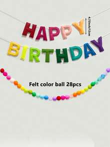 Baner urodzinowy z zawieszkami, zestaw banerów urodzinowych - girlanda z filcowych kulek - girlanda urodzinowa, tęczowe dekoracje urodzinowe, tabliczka "Wszystkiego najlepszego" jako dekoracja urodzinowa, dekoracja na imprezę, rekwizyt do zdjęć, 1 (urodziny) + 28 (piłki pomponowe)