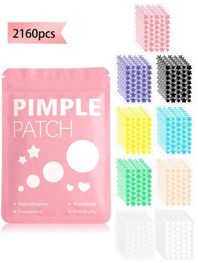 2160 pièces de patchs en forme d'étoile, de forme ronde, couvre-visage - sans parfum, adulte unisexe, compatible avec tous les types de peau, sans parfum, sans alcool, sans composants inclus, doux et non irritant, utilisé pour la décoration du visage, couvrir les boutons et les imperfections avec des autocollants design mignons, autocollants de bandes dessinées amusantes, autocollants mini imperméables et résistants à la transpiration, convenant pour les fêtes, les bureaux et autres occasions avec des autocollants mignons
