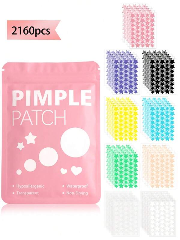 2160 pezzi Toppe a forma di stella, toppe rotonde, copertura per il viso - senza profumo, senza parabeni, unisex adulto, compatibile con tutti i tipi di pelle, senza profumo, senza alcool, senza componenti inclusi, delicato e non irritante, utilizzato per decorazione facciale, copertura di acne e imperfezioni con adesivi a disegni carini, adesivi a fumetti divertenti, mini adesivi impermeabili e anti-sudore, adatti per feste, uffici e altre occasioni con adesivi carini