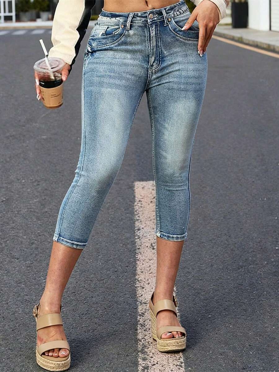 Women's High Waist Stretch Denim Capri Jeans Skinny Fit Cropped Pants With Pockets Casual Everyday Wear - Rửa nhẹ - Xem 1