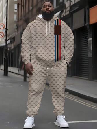 Plus Size Men's Exclusive! Full Print Letter & Striped Hoodie + Sweatpants Set, Loose & Comfortable With Streetwear Chic Vibe, Easy To Pull Off Fashionable Casual Look For Plus Size Figures