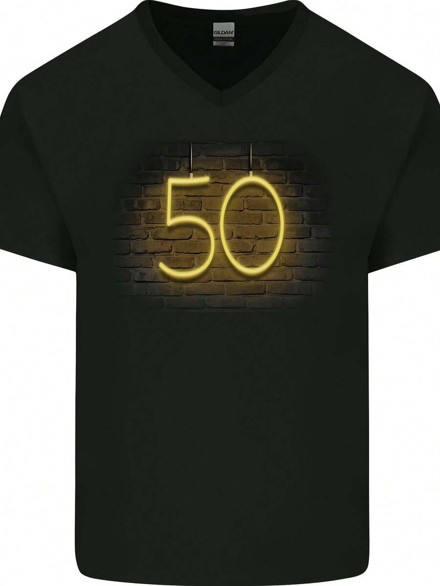 50th Birthday Neon Lights 50 Years Old Mens V Neck Cotton Maglietta- - 款式13 - 查看 1