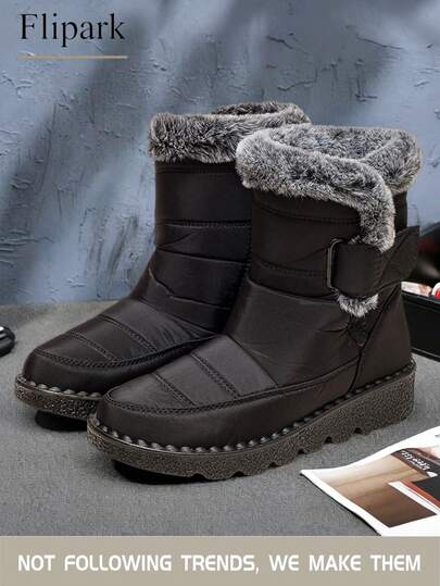Flipark 1 双轻便黑色保暖内衬女式雪地靴，带搭扣装饰，中筒设计，冬季日常通勤踝靴