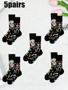 1/2/4/5/10 双趣味袜子，不对称 Andy 女士中筒袜，适合日常派对装扮，亡灵节图案中筒袜，黑色配彩色糖头骨、花卉和骷髅印花，女士袜子，白色袜子，黑色袜子，踝袜，中筒袜，长袜，休闲袜， - 黑色 - 查看 17