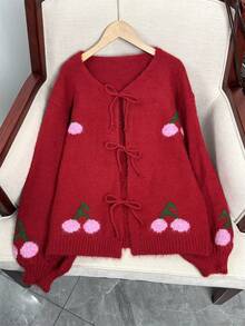 Wixra Wixra Women's Cherry Tie Knit Cardigan, New Autumn/Winter Comfortable Sweater Jacket For Ladies