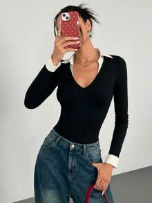 Solid Color Knit Fabric Patchwork Ribbed Long Sleeve Bodysuit, Beach Resort, Spring - Black and White - View 3