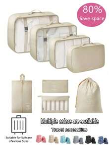 1/8pcs Travel Packing Cubes Set, Compression Packing Bags, Large Capacity Waterproof Clothes Organizer, Foldable Luggage Organizer Bags, Zipper Closure Storage Pouches, Luggage Organizers, Shoe Bags, Drawstring Bags, Travel Packing Organizers - Beige - View 2