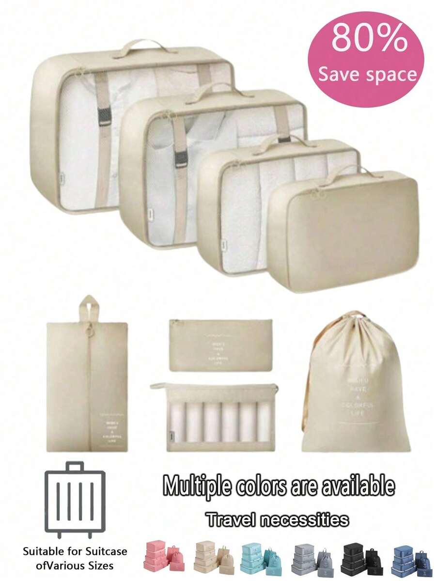 1/8pcs Travel Packing Cubes Set, Compression Packing Bags, Large Capacity Waterproof Clothes Organizer, Foldable Luggage Organizer Bags, Zipper Closure Storage Pouches, Luggage Organizers, Shoe Bags, Drawstring Bags, Travel Packing Organizers