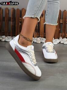 1 Paar Damen Weiße Sneaker, modisch-lässige Schnürshuhe, vielseitig einsetzbar für Schule, Studenten, Frühling/Herbst, bequeme Outdoor Skateboard, Laufschuhe, geeignet für Gym - weiß und rot - Übersicht 5