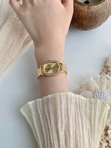 1件女士椭圆形表盘金色/银色不锈钢表带经典商务石英表，镶嵌水钻，适合日常佩戴