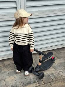 DAZY 女童针织保暖连帽条纹卫衣，秋季服装 - 黑與白 - 查看 3