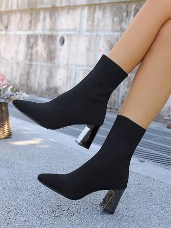 1 Pair Pointed Toe Knit Elastic Fashionable Chunky Heel Sexy Party Solid Color Versatile Comfortable Women Mid-Calf Boots, Autumn/Winter