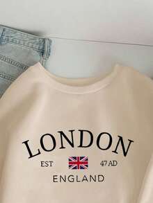 Popular Hoodies For GirlsCasual Minimalist London Flag Print Pattern Loose Fit Crew Neck Long Sleeve Hoodie Sweatshirt For Women, Suitable For Fall/Winterroomy And Comfortable - 黑色 - 查看 8
