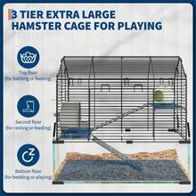 Jaula grande de 3 niveles para hámster, transparente con visión de 360° para cobayas, con bebedero, caseta, rueda para correr, comedero y amplio recinto para jerbos y chinchillas - Negro - Ver 3
