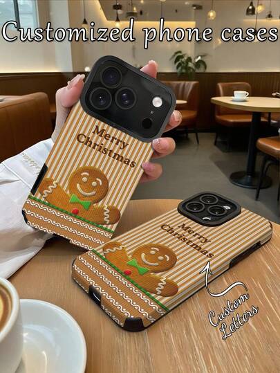 1 pezzo Custodia personalizzata in pelle PU con texture a stuzzicadenti, anti-caduta e anti-impronte, compatibile con 17 Pro Max/16 Pro Max/15 Pro/14 Plus/13 Pro/12 Pro Max/11/7P/XS/XR, con motivo uomo di pan di zenzero natalizio personalizzato con nome, e accessori per telefono
