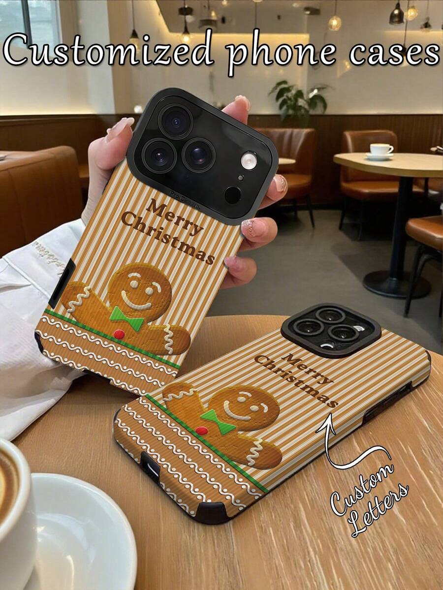 1 pezzo Custodia personalizzata in pelle PU con texture a stuzzicadenti, anti-caduta e anti-impronte, compatibile con 17 Pro Max/16 Pro Max/15 Pro/14 Plus/13 Pro/12 Pro Max/11/7P/XS/XR, con motivo uomo di pan di zenzero natalizio personalizzato con nome, e accessori per telefono