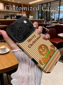 1 pezzo Custodia personalizzata in pelle PU con texture a stuzzicadenti, anti-caduta e anti-impronte, compatibile con 17 Pro Max/16 Pro Max/15 Pro/14 Plus/13 Pro/12 Pro Max/11/7P/XS/XR, con motivo uomo di pan di zenzero natalizio personalizzato con nome, e accessori per telefono