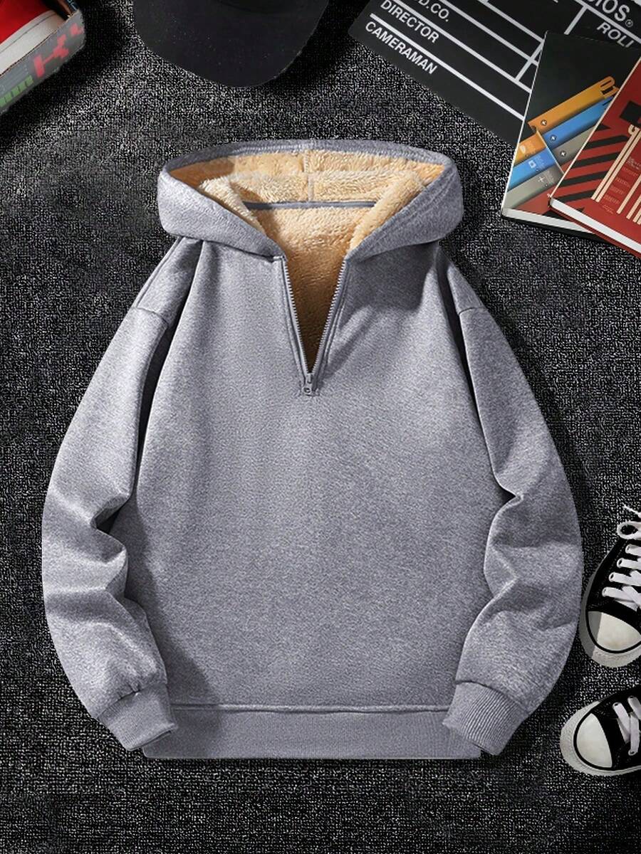 Men's Fleece Hoodie, Minimalist Design, Easy To Match, Winter Style, Valentine's Day Gift - Grey - View 1