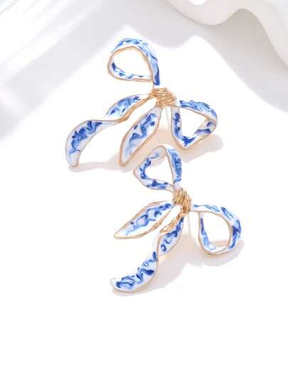 2pcs New Fashion Blue & White Porcelain Floral Pattern Dangle Bow Earrings For Women, Suitable For Daily Wear, Party, Holiday