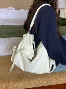 (9016)Women's Simple Boston Bag, Versatile Buckle Design Shoulder Bag/Crossbody Bag, Solid Color - 白色 - 查看 2