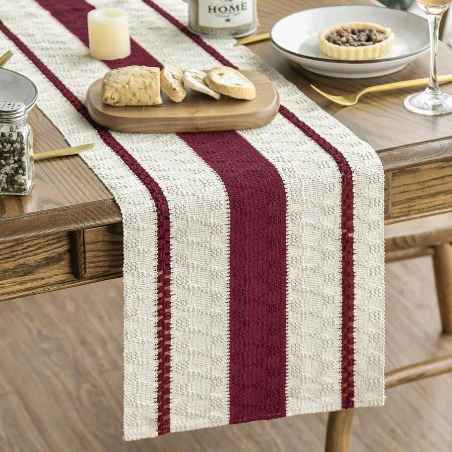 1pc Bohemian Style Tablecloth, Home Dining Table Decor Table Runner, Farmhouse Vintage Tablecloth Decor, Suitable For Living Room, Holidays, Bridal Shower Gifts - Burgundy - View 1