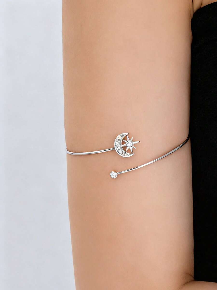 1 chiếc vòng tay bằng dây kim loại đính đá Zirconia vàng hình trăng sao, dành cho nữ. - Bạc - Xem 1