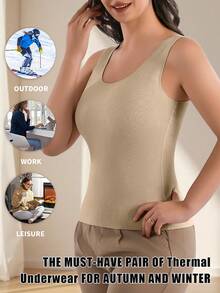 高品质舒适女士罗纹保暖纯色保暖U领无袖保暖背心，冬季女士保暖罗纹服装 - 卡其色 - 查看 3
