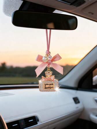 1pc Car Interior Accessories Alloy Perfume Bottle Pendant Bow Decor Rearview Mirror Hanging Ornament For Vehicle Interior
