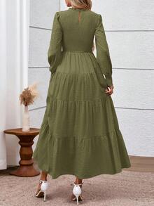 Women's Long Sleeve Maxi Dresses Fall Casual Smocked Trim Neck Swiss Dot Tiered Flowy Wedding Guest Dress - 軍綠色 - 查看 3