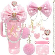 闪亮杯子配件，适用于 30 盎司 40 盎司 20 盎司带手柄的杯子，包括蝴蝶结吸管顶盖、吸管蝴蝶结装饰、皮革水瓶手柄带、靴子