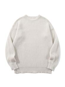 Lightweight Casual Textured Knit Sweater, Minimalist Design, Loose Fit Crew Neck Pullover For Unisex, Suitable For Autumn/Winter - Beige - View 2