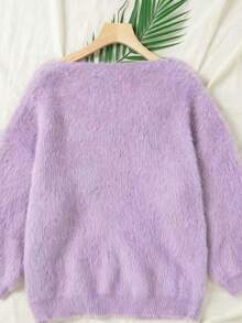 Nouveau pull ample à col V - Modèle à manches 3/4 court, tissu doux, pull femme oversize en velours polyester unicolore col V pour la maison et le port quotidien, indispensable pour l'automne/hiver - Nouvel An - Lilas - Voir 2